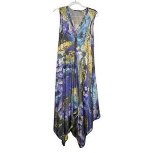 MESMERMIZE Sleeveless Printed Midi Dress Handkerchief Hem Purple Yellow Size L
